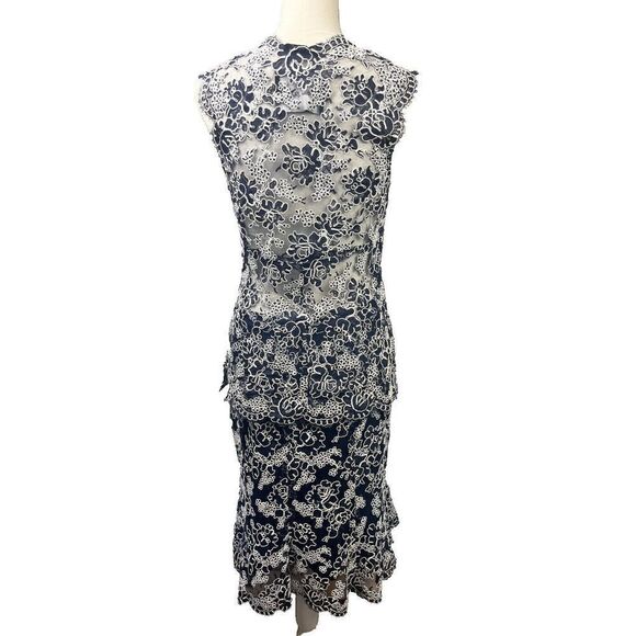 ML Monique Lhuillier Navy Floral Lace Sheath Midi Skirt Sheer V Neck Top Size 10 - Picture 2 of 13